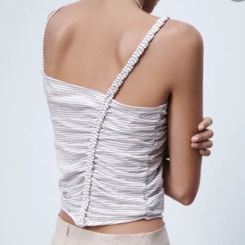 ZARA Asymmetrical Ruched Braided Strap Crop Top NWT Black White Size S